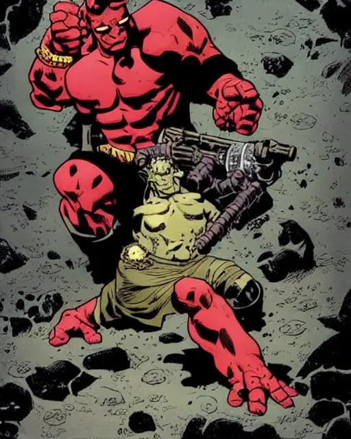 Prompt: hellboy vs diablo, facing each other, comix cover by mike mignola, graphic
