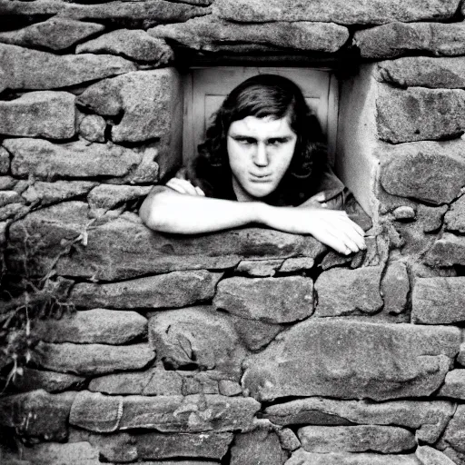 Image similar to An utterly terrified young man with long hair in 1930s attire cornered with his back against a stone wall. Scared look, panic, horror