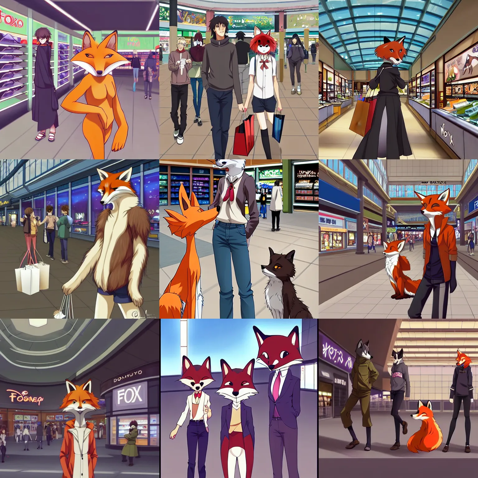 Prompt: an anthropomorphic natural furry ( fox ) shopping at a futuristic mall, photorealistic, anime, makoto!!!! shinkai!!!!, james gurney, don!!!! bluth!!!!, disney, hibbary, dark natasha, goldenwolf, furaffinity, fursona, commission