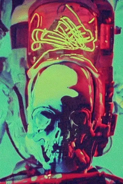 Image similar to astronaut with neon glowing skull 1 9 6 0 s color _ bleed _ video compression video glitch vhs footage akira kurosawa mamoru oshii wes anderson