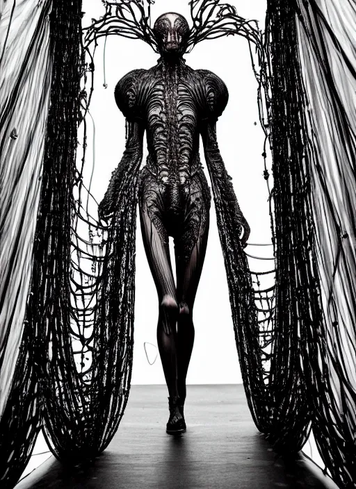 Image similar to walking down the catwalk, steven klein, show, stage, vogue photo, podium, fashion show photo, historical baroque dress, iris van herpen, beautiful woman, full body shot, masterpiece, intricate, wires, veins, jellyfishs, biopunk, guyver, highly detailed