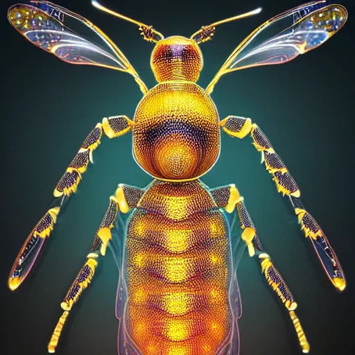 Prompt: a beautiful ultra detailed high resolution ornate futuristic business bug bee portrait wearing an elegant business outfit, 8 k, deep color, hyperrealistic, detailed, cryengine, by stalenhag and iris van herpen and beksinski, glowing dark rainbow dots, shoulders up,