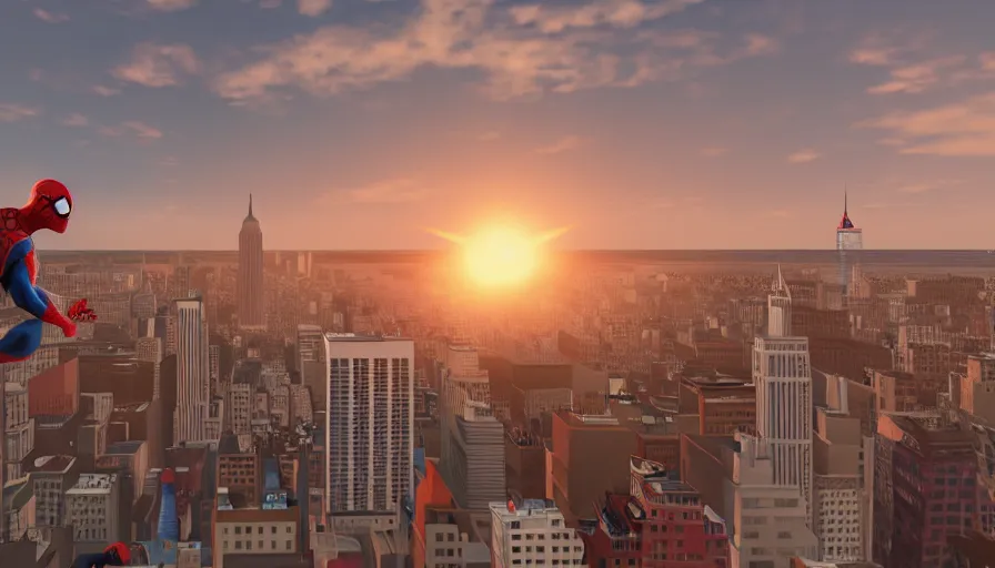 Prompt: spider - man on top of a building in new york watching the sunset, unreal engine 5, render, cg society