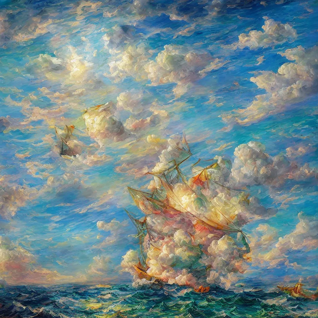 Prompt: 3d high relief painting of sea like jelly,Rainbow clouds like sheep floating lightly in the air, Sailing ship,dreamy, soft , highly detailed, expressive impressionist style, painted with a palette knife, in the style of Yuri Anatolyevich Obukhovskiy