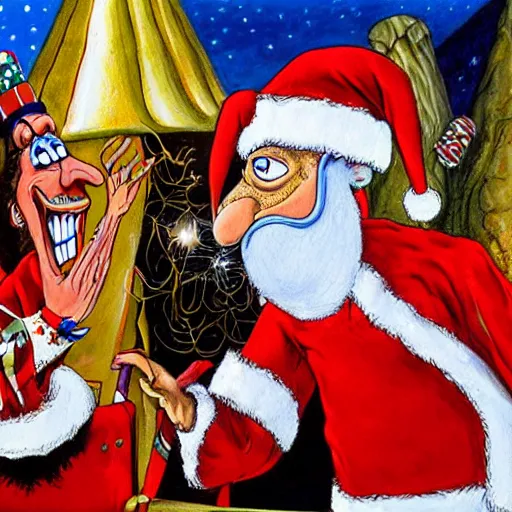 Image similar to a detailed painting of rameses ii slapping santa claus by gerald scarfe and ralph steadman