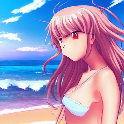 Image similar to an anime girl on the beach, anime art, smooth, hd, elegant