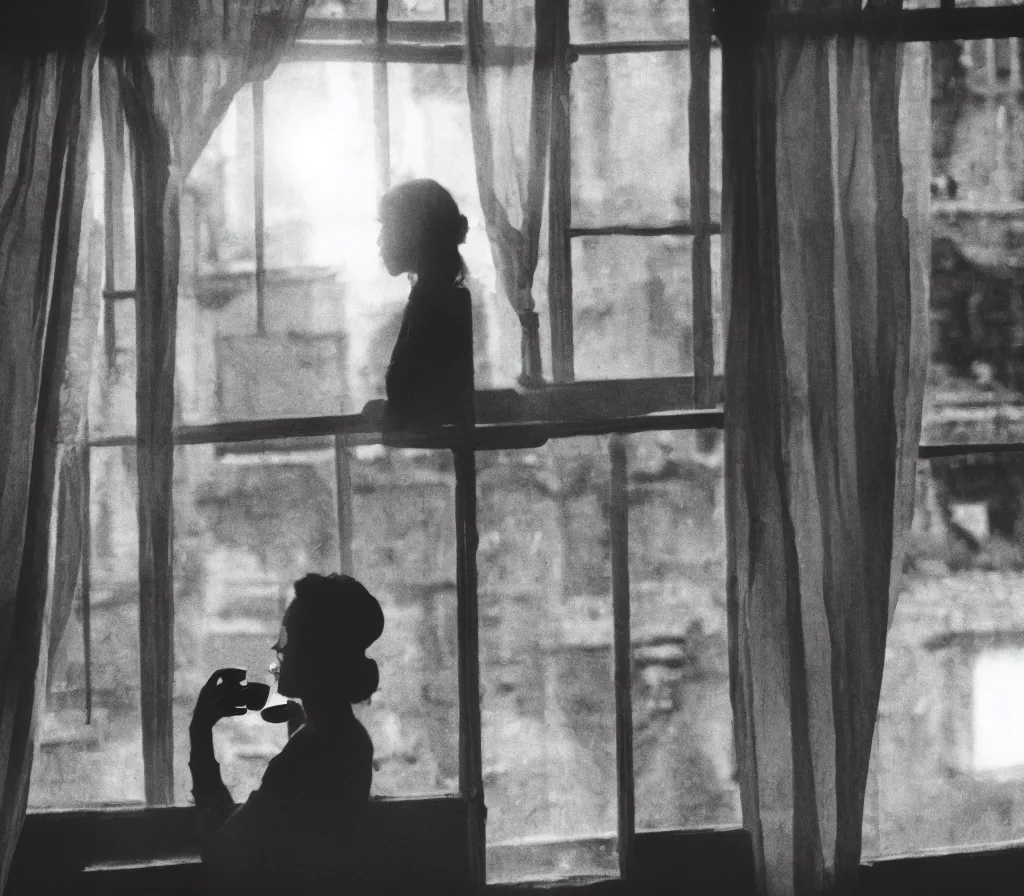 Prompt: the silhouette of a woman drinking coffee, looking out to an old medieval town, over the shoulders shot, cinematic, 4 k, detailed, 3 5 mm film, black and white