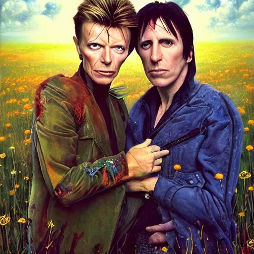 Image similar to david bowie and trent reznor are in a beautiful meadow in love and happy. gay male couple. from the television show merlin ( 2 0 0 8 ). ; high - detailed oil painting by igor sychev and mark keathley trending on artstation, masterpiece, 4 k