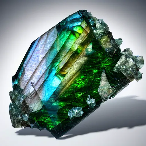 Prompt: an extremely high quality octane render of a crystallised cybertronic cyberpunk massive polished gemstone made of opal labradorite moldavite petalite specimen, glittering, highly detailed, highly polished, reflective, specular, complimentary colors, 8 k, hd photo, reflections, shimmering, sharp edges, crisp, deep water colors