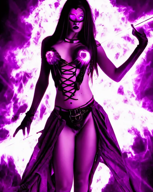 Image similar to pyromancer devil girl cover in purple death flames, deep pyro colors, purple laser lighting, award winning photograph, radiant flares, intricate, various refining methods, micro macro autofocus, evil realm magic painting vibes