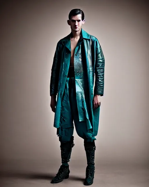 Prompt: an award - winning photo of a male model wearing a baggy teal distressed medieval leather menswear field jacket by issey miyake, 4 k, studio lighting, wide angle lens