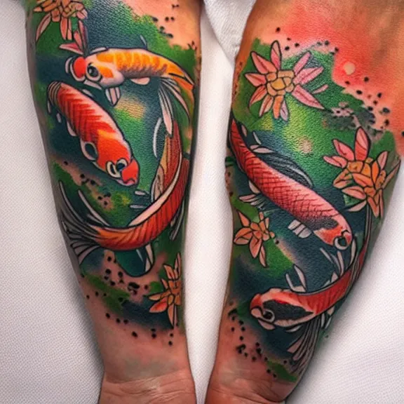 Image similar to “neotraditional tattoo of two koi fishes swimming, digital art, tattoo art, highly detailed, hiperrealistic, photorealistic, 4k UHD, Zoltán Szente, Adam K. Perjatel, Federico Spadafora”