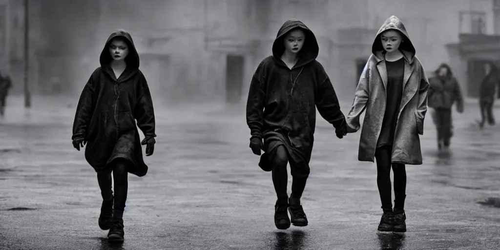 Image similar to sadie sink in hoodie offers closed umbrella to pedestrian in ruined square, pedestrians ignore her : grainy b & w 1 6 mm film, 2 5 mm lens, single long shot from schindler's list by steven spielberg. cyberpunk, steampunk. cinematic atmosphere and composition, detailed face, perfect anatomy