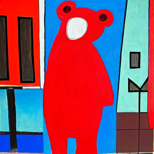 Prompt: large red bear on a street in new york city in the style of picasso