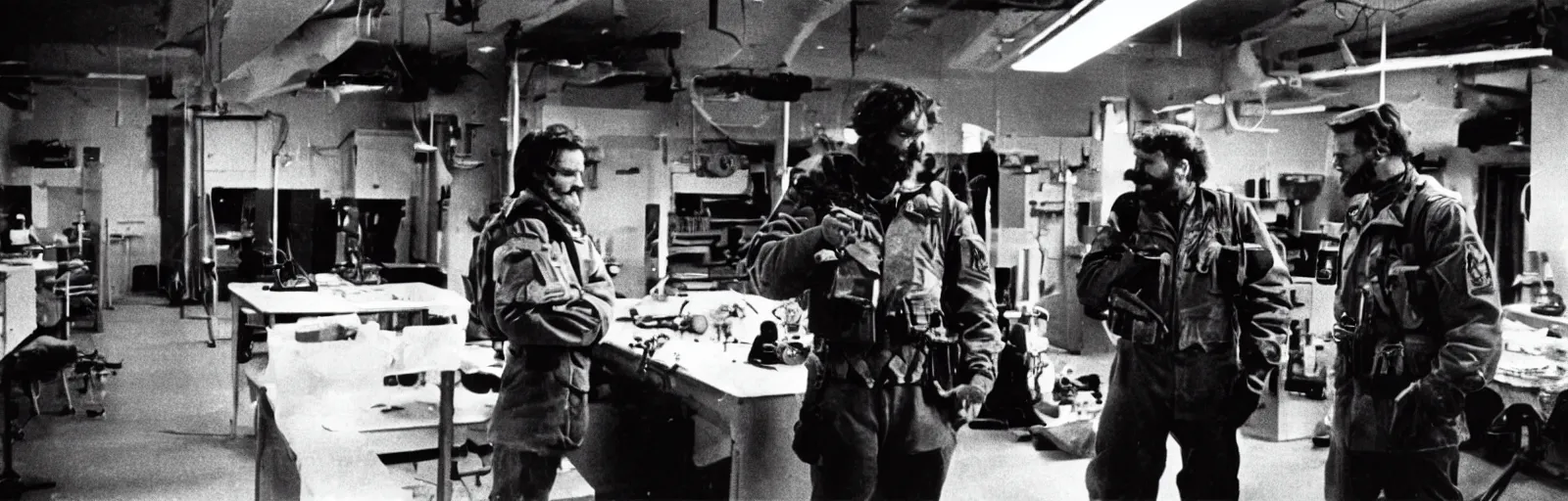 Prompt: a real photo, filmic wide shot photograph of two soldiers having a talk in a military laboratory john carpenters horror film the thing film 1 9 8 2