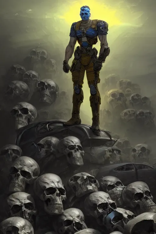 Prompt: a full body shot from distance of a super soldier with a Ukrainian yellow and blue flag standing in the beam of light from the clouds on a pile of skulls and rotten cars, western, masculine figure, D&D, fantasy, intricate, elegant, highly detailed, digital painting, artstation, concept art, matte, sharp focus, symmetrical, illustration, art by Artgerm and Greg Rutkowski and Alphonse Mucha