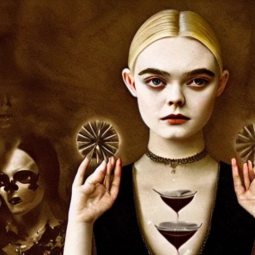 Prompt: a striking esoteric painting of Elle Fanning at a seance, dark, metal, black background, occult, by Grant Wood