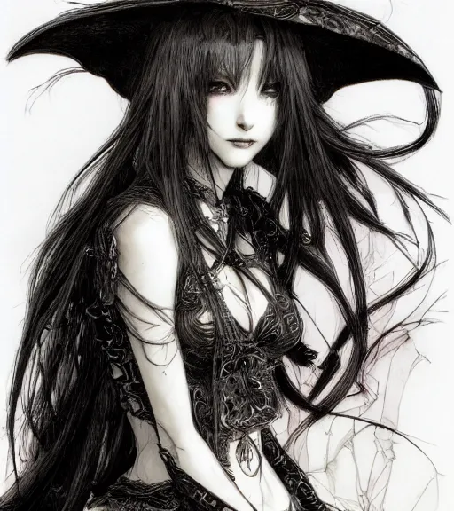 Prompt: portrait of anime succubus with long hair wearing a witch hat, pen and ink, intricate line drawings, by yoshitaka amano, craig mullins, ruan jia, kentaro miura, greg rutkowski, loundraw