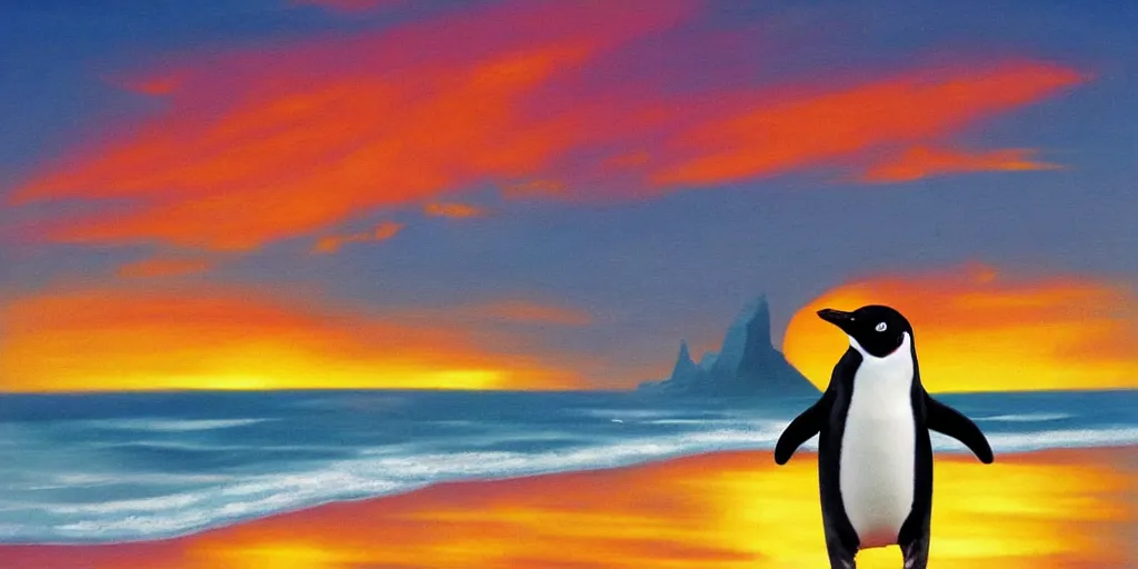 Prompt: penguin on a surfing board, surfing the waves at the sunset, on the style of artstation, art deco, ciurlionis