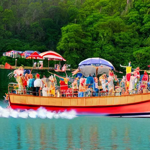 Prompt: rich people and poor people have a boat party, high resolution artistic photograph, bokeh, 4 k, majestic, by vogue magazine, by richard scarry and quentin blake