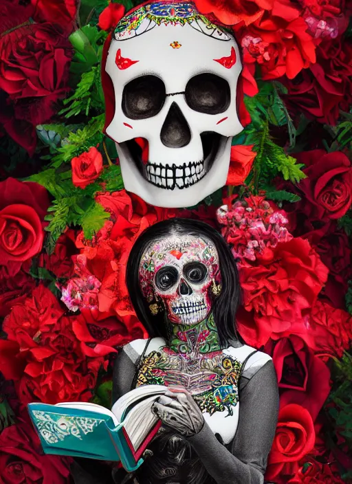 Image similar to mexican masterpiece of a skull faced Santa muerte with a book in her hand and surrounded by red flowers and ak45 as offers,+ no crop, visionary art, extremely high detail, realistic, octane render, post processed,