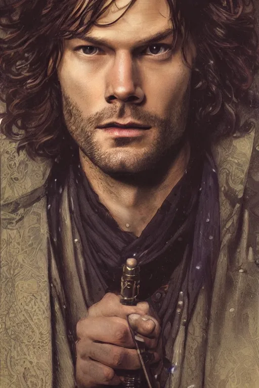 Image similar to a detailed matte portrait of jared padalecki in a supernatural sherlock holmes story, 1 8 th century london in the rain, city streets, ominous, masterpiece, 8 k, art by alphonse mucha and greg rutkowski