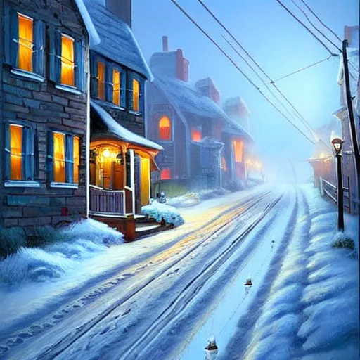 Prompt: street with cottage inspired by Evgeny Lushpin,cable car,winter,nighttime,cinematic,art station