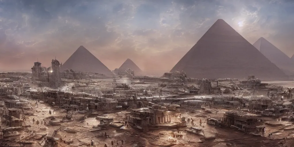 Image similar to beautiful matte painting of a egyptian city port by weta workshop 8 k, cinematic dramatic atmosphere, dramatic lighting