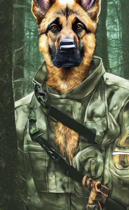 Image similar to close up character portrait icon of the german shepard military uniform head animal person fursona wearing clothes standing in the bright forest, hidari, color page, tankoban, 4 k, tone mapping, akihiko yoshida