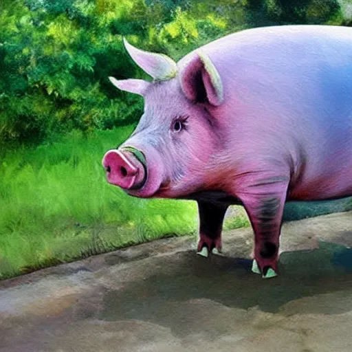 Image similar to giant pig painting walking through a village, surreal, photo realistic