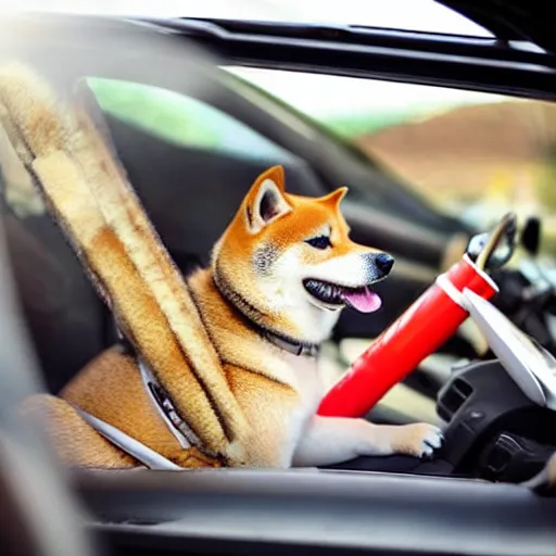 Image similar to shiba inu with a cigar in mouth inside a toyota supra