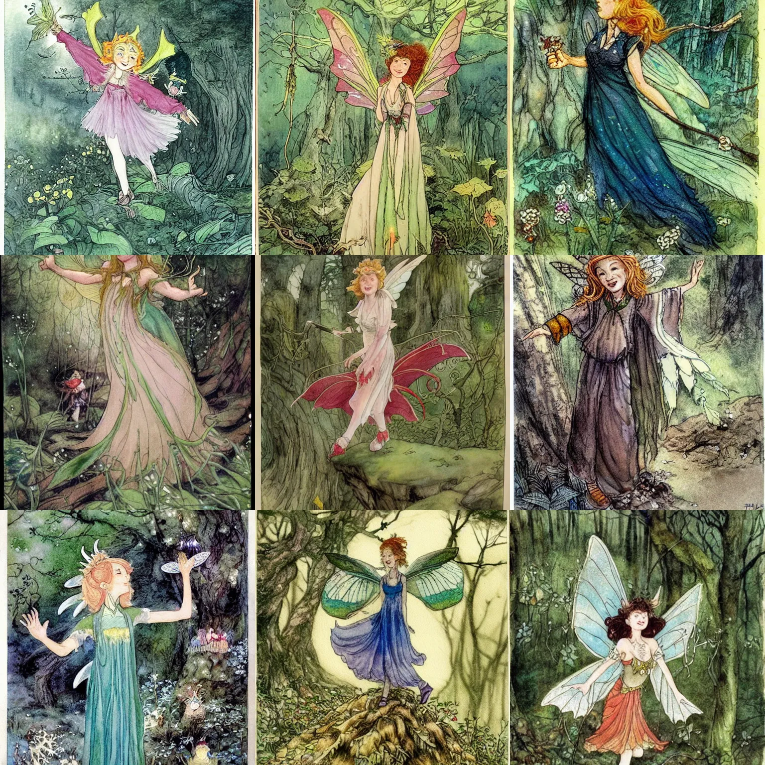 Prompt: a cheerful, optimistic fairy ( looks similiar hollday granger!!! ) in the forrest. dim light, magical, detailed, chinese watercolor, fantasy character concept art by tony diterlizzi, henry meynell rheam, ida rentoul outhwaite, and studio gibli