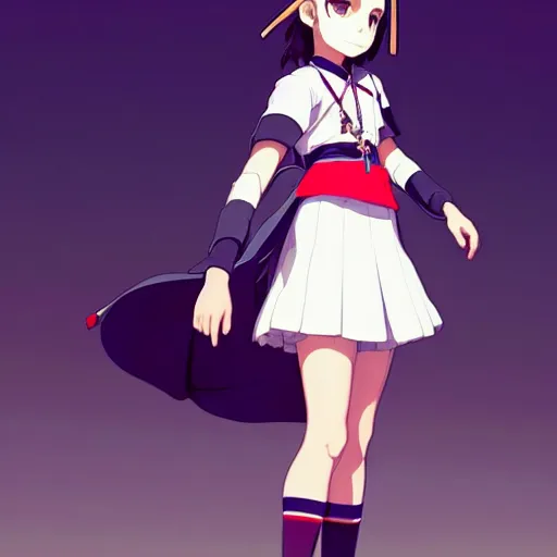 Image similar to a beautiful! boyish! natalie portman model, wearing catholic school girl outfit with mayan pattern and native style, aztec street fashion, guilty gear art direction, gapmoe yandere grimdark, trending on pixiv fanbox, painted by greg rutkowski makoto shinkai takashi takeuchi studio ghibli, akihiko yoshida