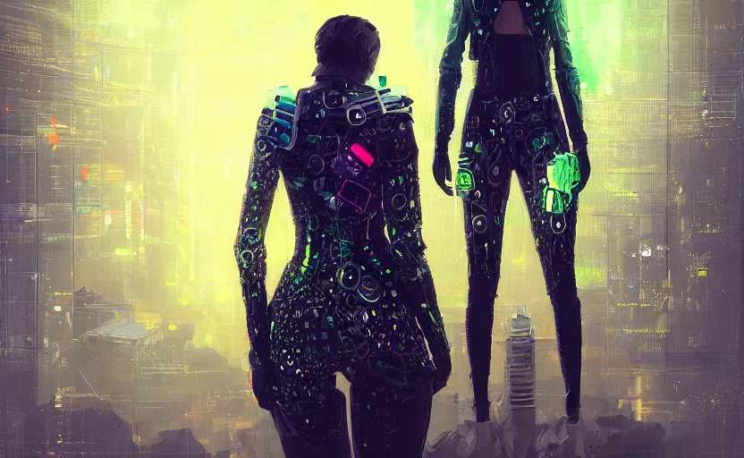 Image similar to skill magic deepdream guard girl cyberpunk futuristic, reflective puffer jacket, black leggings from the back radiating a glowing aura by ismail inceoglu dragan bibin hans thoma, perfect face, fine details, realistic shaded, fine - face, pretty face