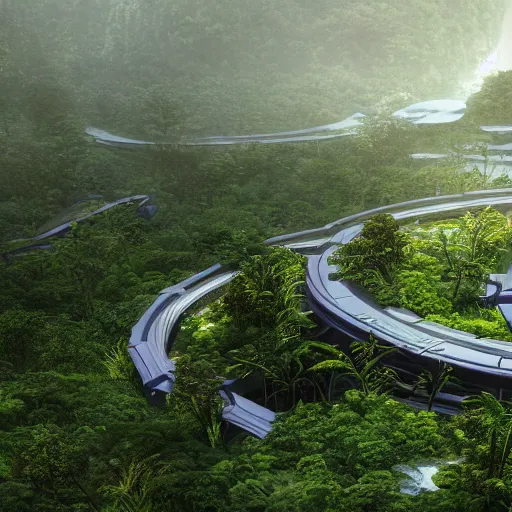 Image similar to extreme wide shot a futuristic containment building in a rainforest valley with a city in the distance, national geographic, hyper realistic, 4 k, harsh light, artstation