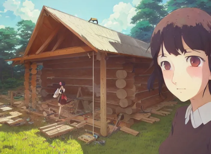 Prompt: portrait of a woman building a log cabin, illustration concept art anime key visual, trending pixiv fanbox by wlop and greg rutkowski and makoto shinkai and studio ghibli and kyoto animation