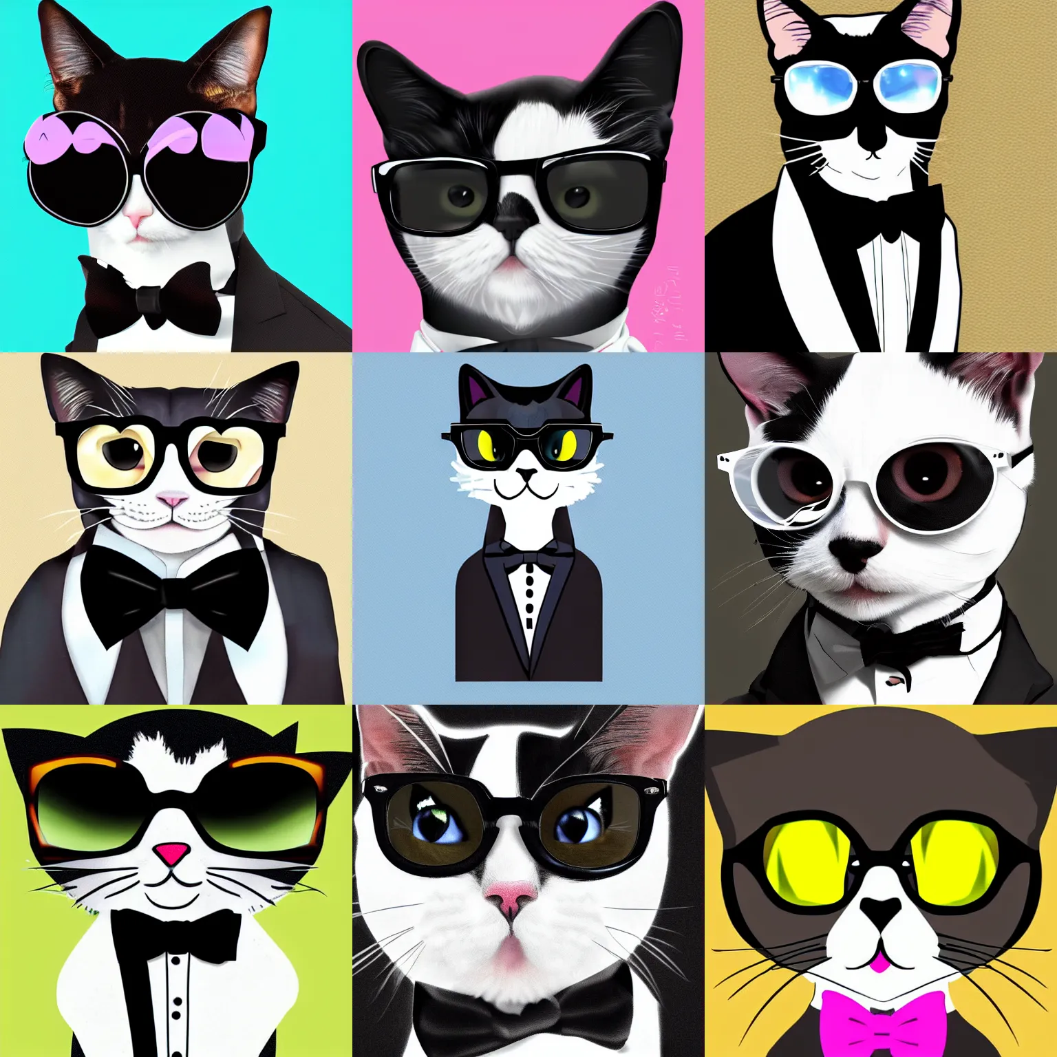 Prompt: digital art of a tuxedo cat wearing glasses and a tuxedo