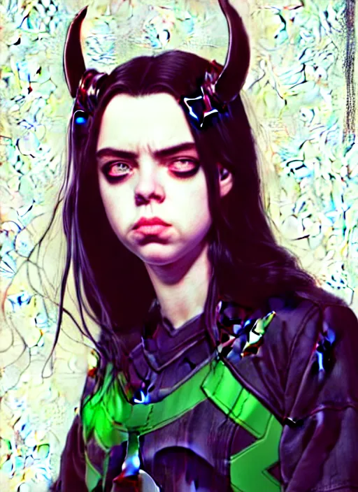 Prompt: Billie Eilish as Female Loki, very detailed, digital art, trending on artstation, fan art, concept art, smooth, illustration, art by Katsuhiro Otomo and Geof Darrow and Phil hale and Ashley wood
