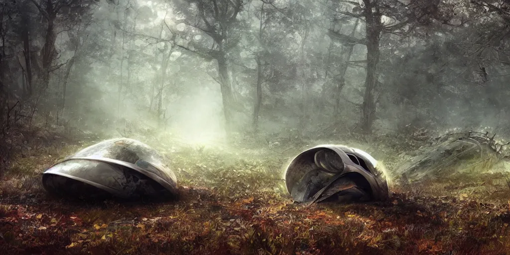 Image similar to abandoned crashed ufo in the forest, concept art, art station landscape, cinematic lighting hyper realistic painting, dark atmosphere