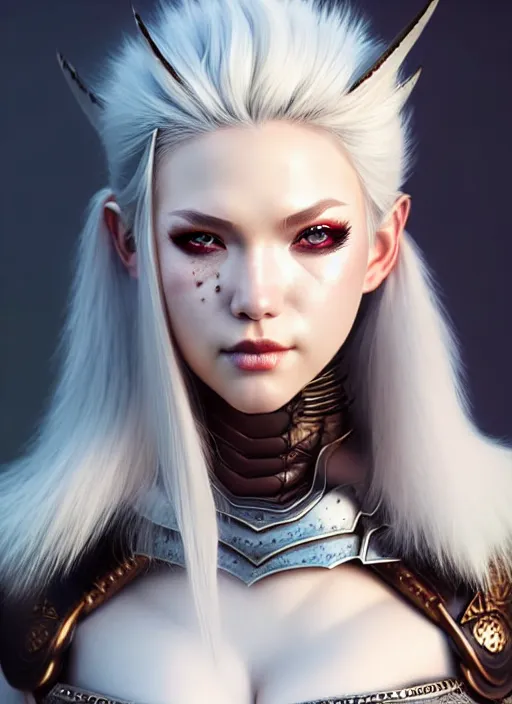 Image similar to barbarian, fur leather armor!!! beautiful and elegant white hair female!! gorgeous ayes!! character concept art, sharp focus, octane render! unreal engine 5! highly rendered!! trending on artstation!! detailed linework!! illustration by artgerm, wlop, and chie yoshii