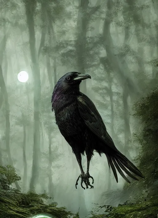 Image similar to glowing silver and golden elements, realistic crow, book cover, green forest, white moon, establishing shot, extremly high detail, photo-realistic, cinematic lighting, by Yoshitaka Amano, Ruan Jia, Kentaro Miura, Artgerm, post processed, concept art, artstation, matte painting, style by eddie mendoza, raphael lacoste, alex ross