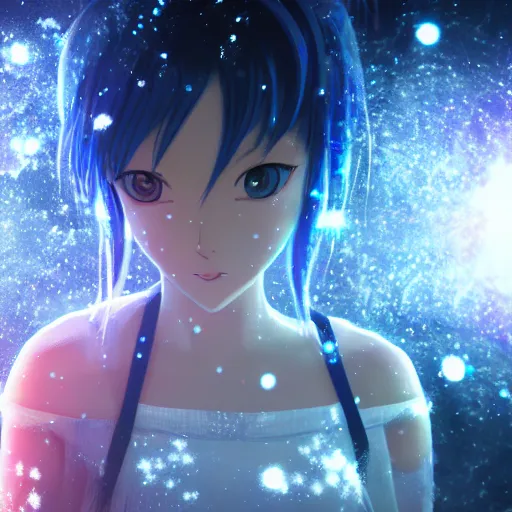 Image similar to photorealistic full shot of masterpiece anime girl, beautifull lovely eyes, posing, electric aura with particles, snowing frozen ice, darkness background, inspired by masami kurumada, akira toriyama, detailed, unreal engine 4 k, volumetric light, fog