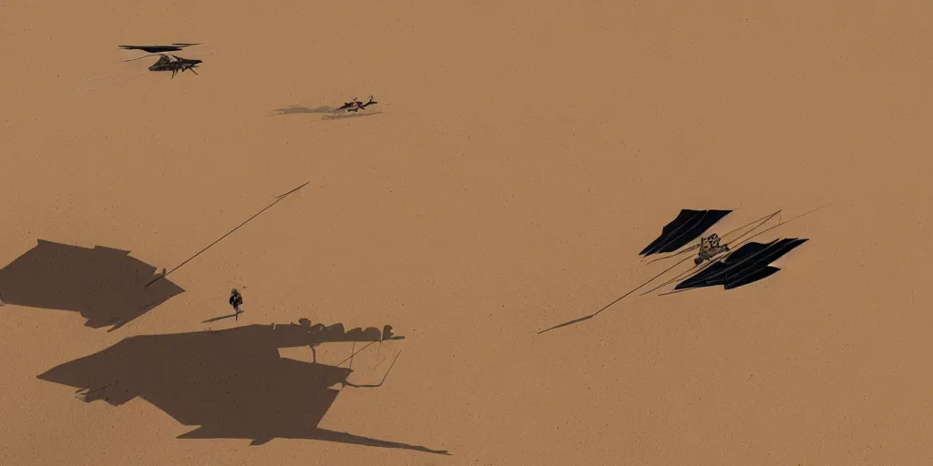 Prompt: a flying ornithopter in the desert surrounded by sand dunes, greg rutkowski, 8 k, shallow depth of field, intricate detail, concept art,