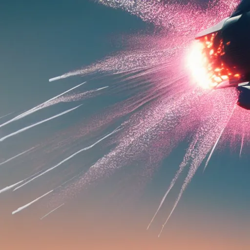 Image similar to cinematic areal shot of a fighter jet exploding from the energy wave