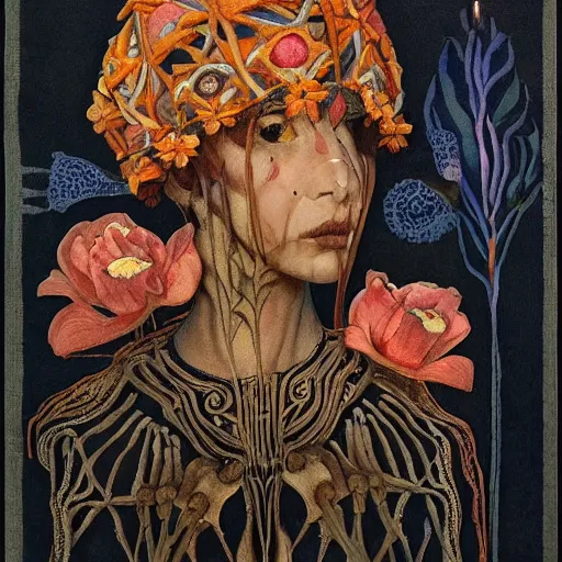 Prompt: the bone crown, by Annie Swynnerton and Nicholas Roerich and (((Diego Rivera))), embroidered robes, floral tattoos, bioluminescent skin!, elaborate costume, geometric ornament, symbolist, soft colors, dramatic lighting, smooth, sharp focus, extremely detailed