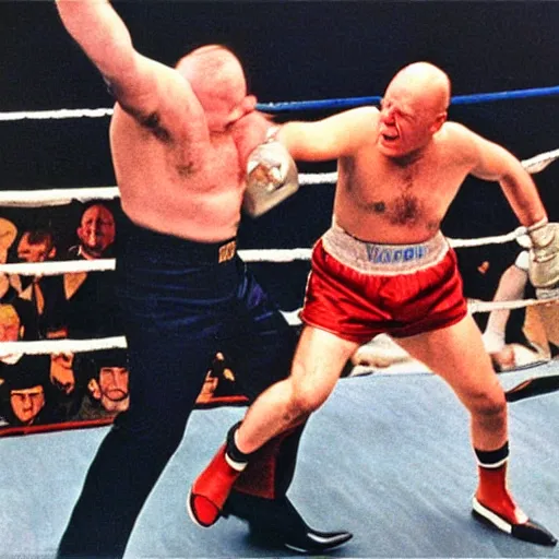 Prompt: Modern color photography of two different people fighting, Bruce Willis punching Winston Churchill