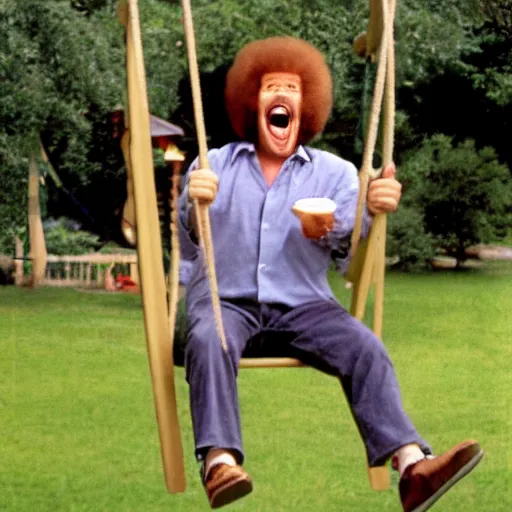 Image similar to bob ross screaming on a swingset