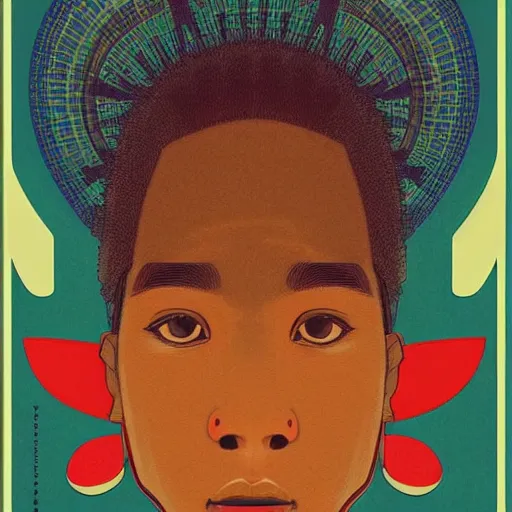 Image similar to colourful upper half portrait of an african boy - in japanese retro poster design illustration style, art by hsiao - ron cheng & alphonse mucha, highly detailed, digital painting, illustration, smooth, sharp focus, intricate, symmetry, pinterest, behance,