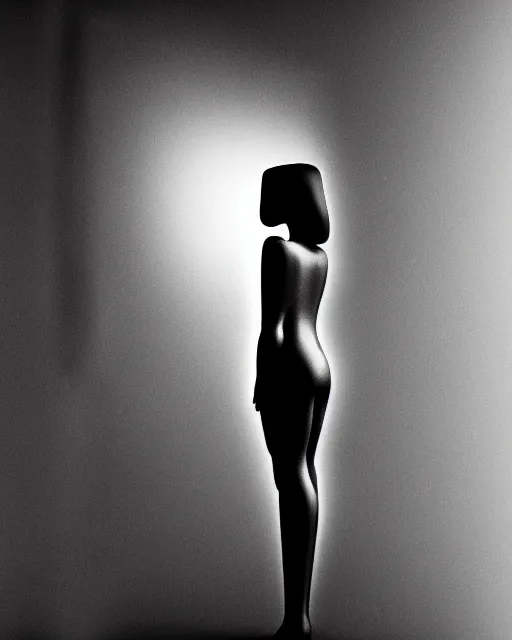 Prompt: black and white high quality photo of a beautiful female AI vegetal-cyborg looking into a sci-fi mirror, volumetric lighting, liminal space, brutalism, foggy, dreamy, shiny, hyperdetailed, bokeh, photorealistic, cinematic, masterpiece, Metropolis, elegant, dark, by Man Ray in the style of Horst P. Horst, octane render, 8K,