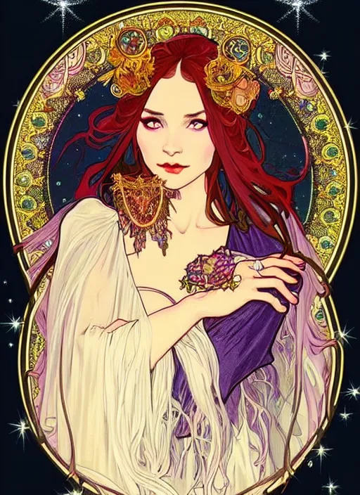 Image similar to fantastic portrait of a beautiftul witch pray with some shinny star, cloak, royally decorated crystal gemstones, symmetrical face, art nouveau, portrait, cute, yoneyama, alphonse mucha, detailed background, artstation, intricate, elegant, highly detailed, colorful, maximalist